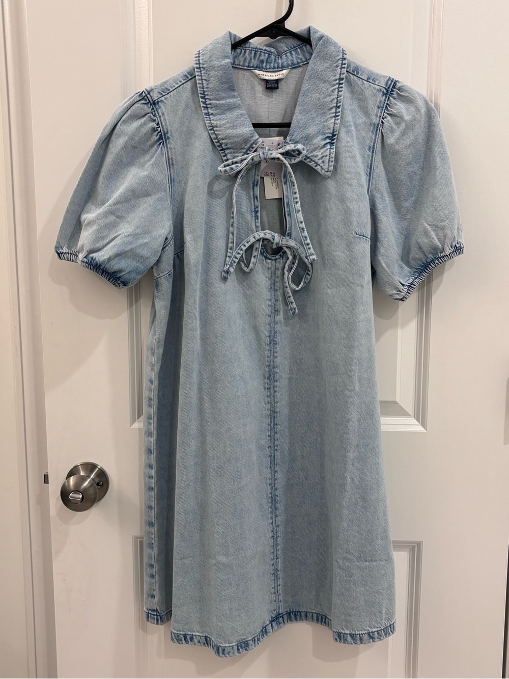 American Eagle Outfitters Light Blue Denim Tie-Neck Puff Sleeve Dress